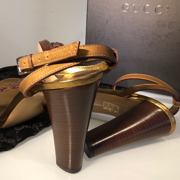 NIB Gucci Bronze Metallic Braided Stacked Heel 8.5 - Picture 4 of 8